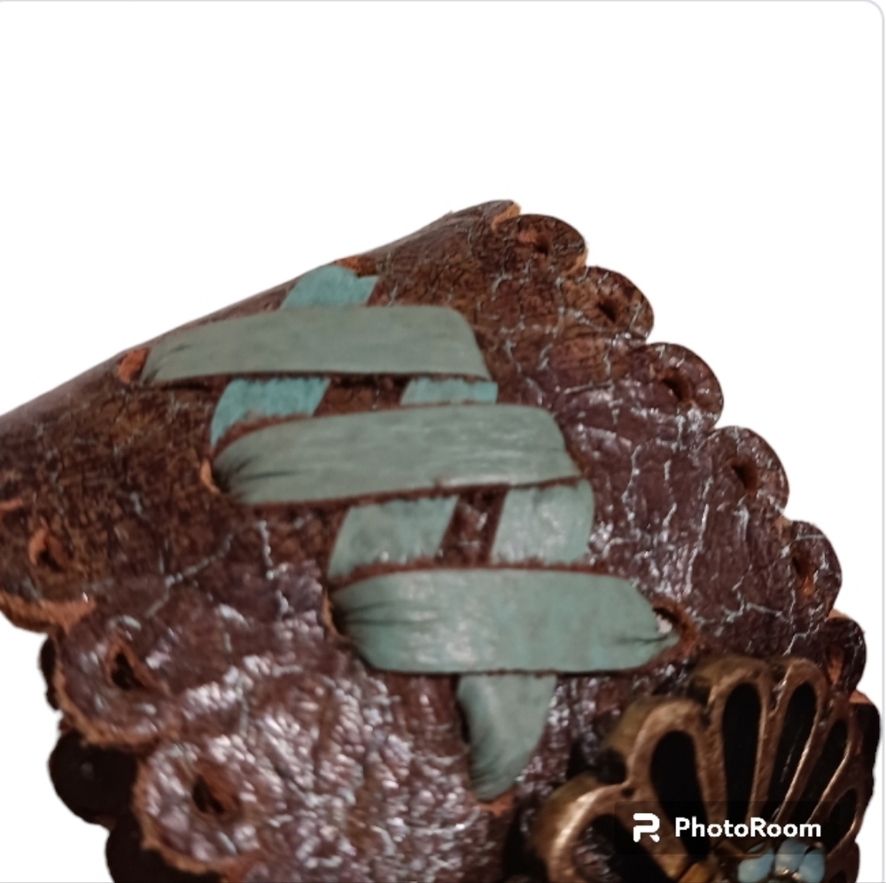 SOLD Leatherock Southwestern Cuff Bracelet Turquoise Laced Flower Embellished - Picture 4 of 7
